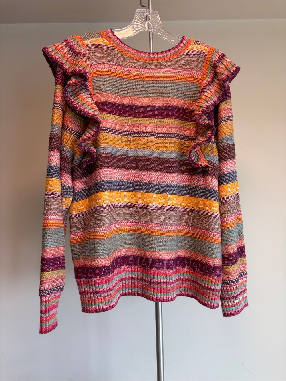 Pilcro Striped Ruffle-Shoulder Crewneck Sweater in Pink, Blue & Yellow 2X - Picture 9 of 11